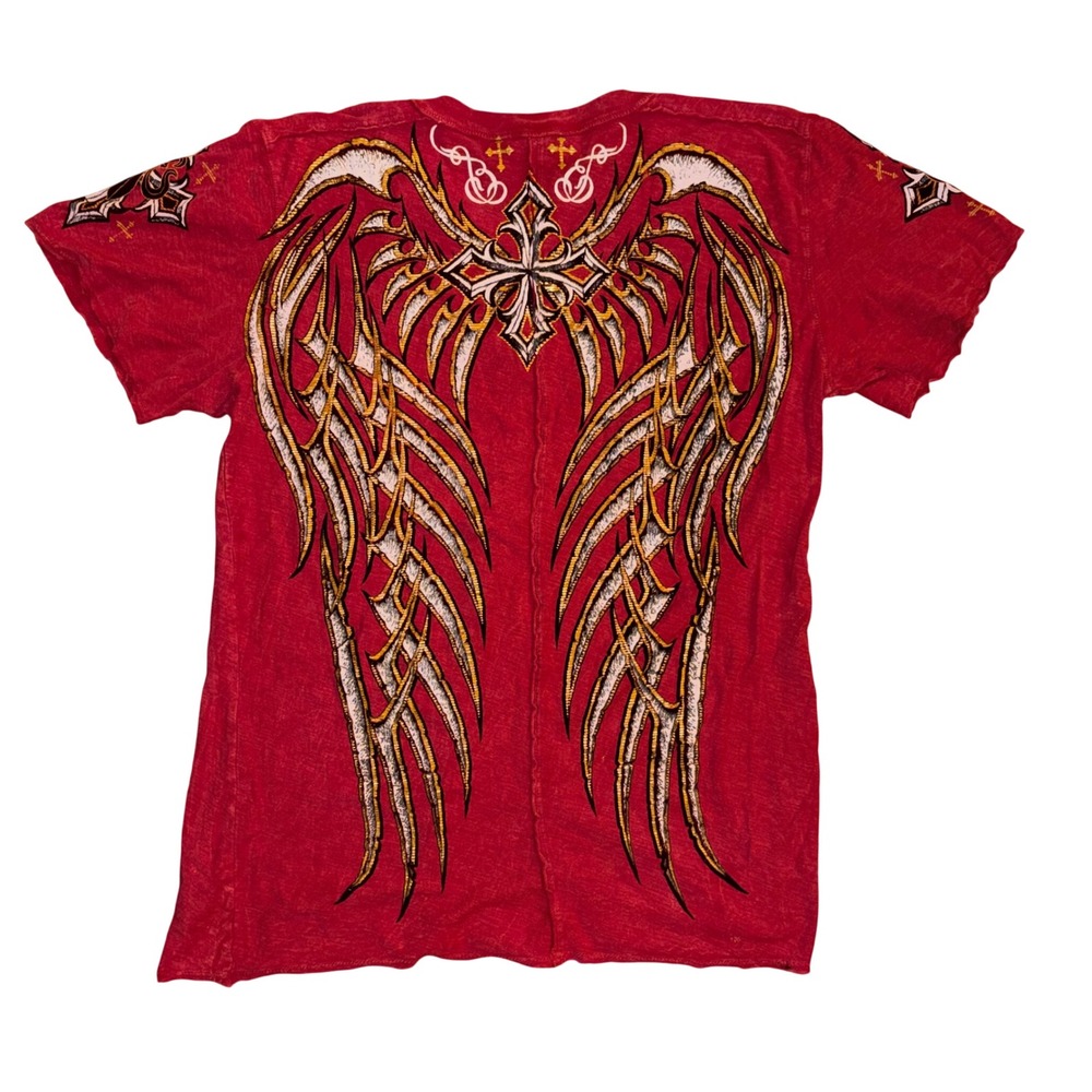 Y2K Raw State V-Neck Graphic T-Shirt Red Gothic Angel Wings Cross Size M